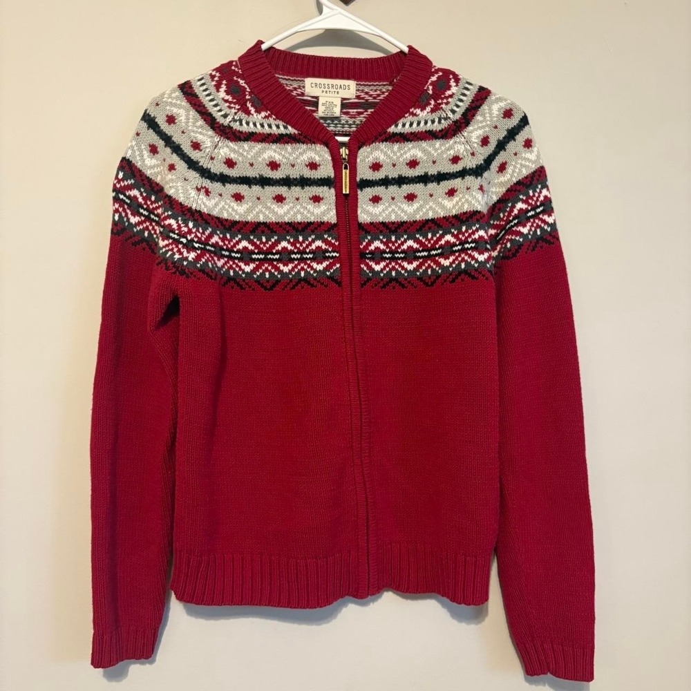 Vintage Crossroads red, white, and black Nordic pattern zip-up sweater